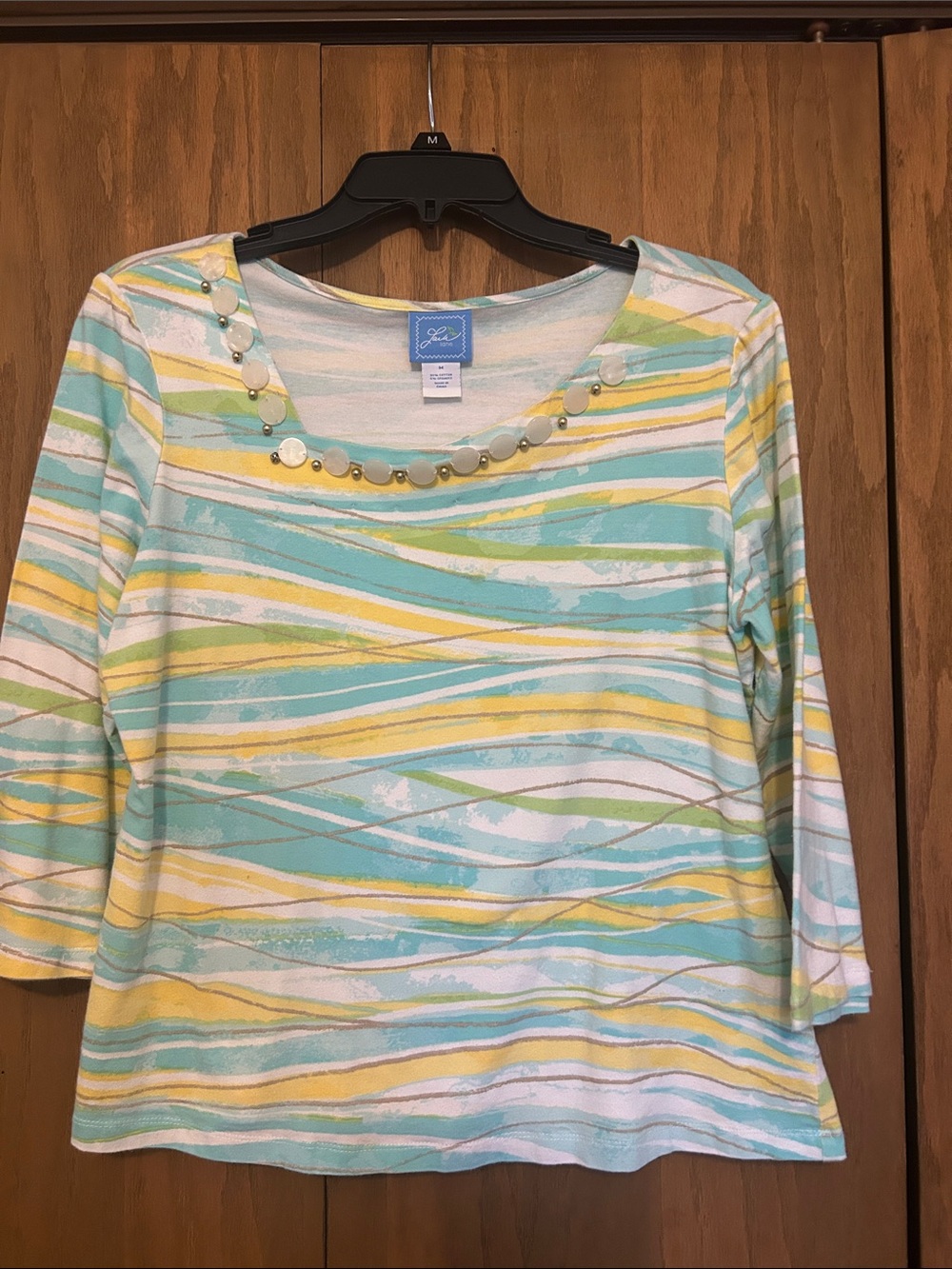 Lark Lane Pastel Stripe Scoop Neck 3/4 Sleeve Top - Aqua & Yellow